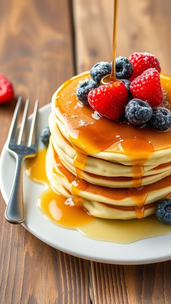 Fluffy vegan pancakes topped with berries and syrup on a rustic wooden table.